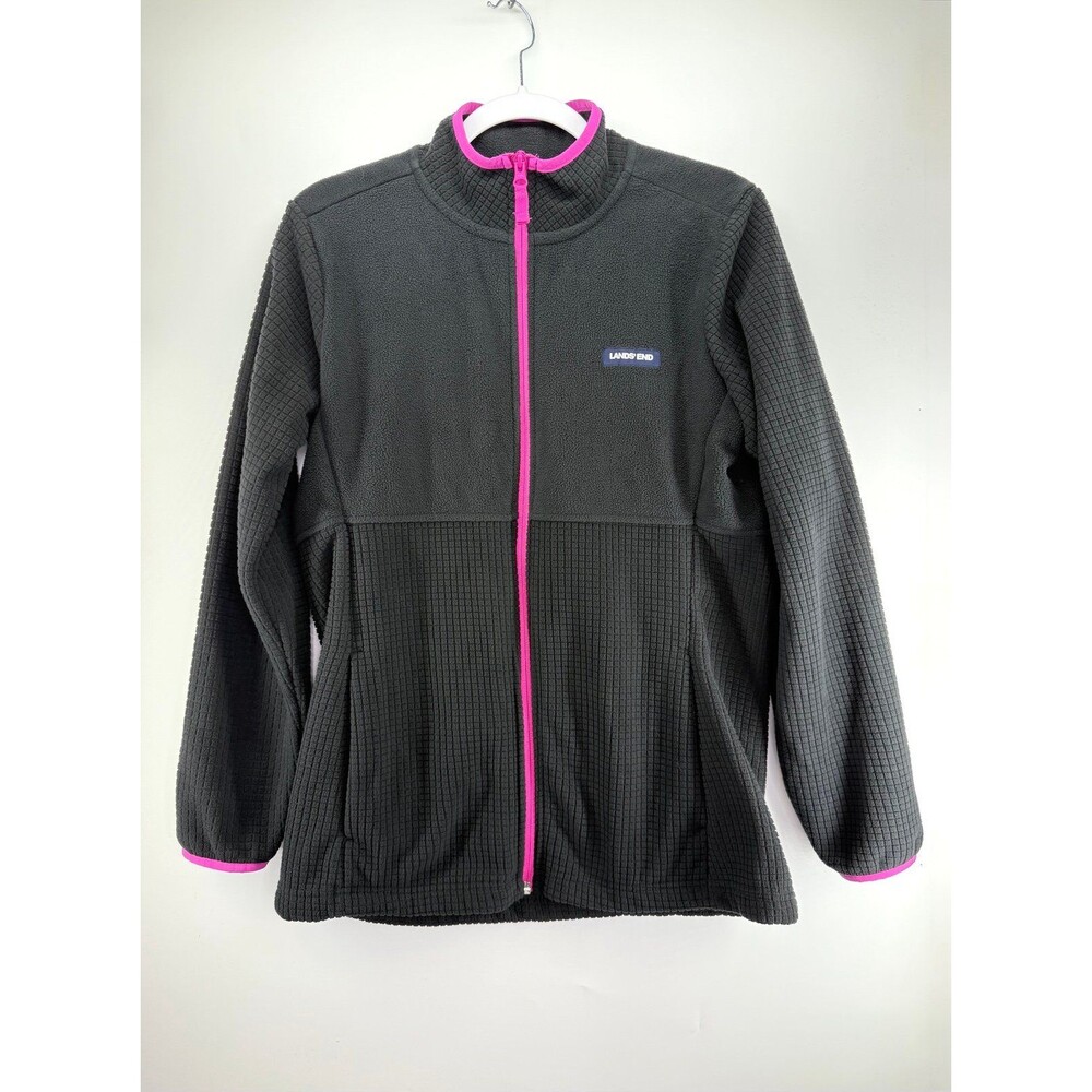 Lands End Black Grid Fleece Zip Up Jacket Medium